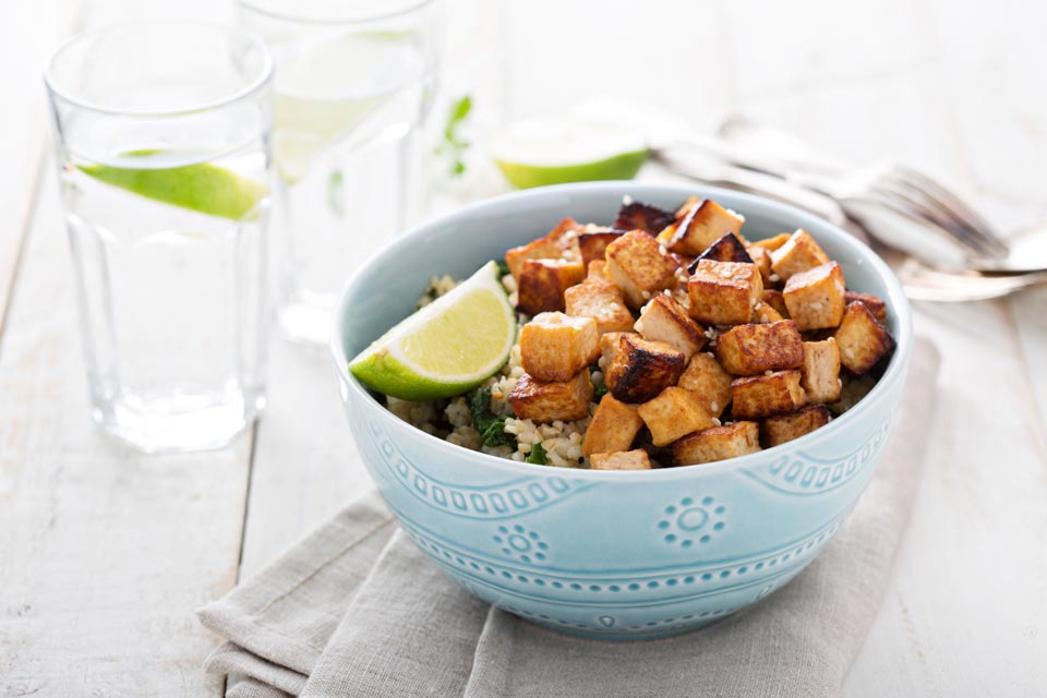 Marinating tofu cubes with fresh turmeric gives them a golden color and adds beneficial antioxidants.