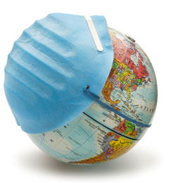 Globe with flu mask on